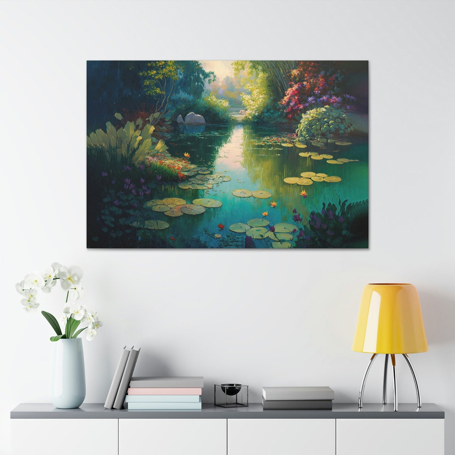 Magical Garden Pond Lily pod Canvas Art Ready To Hang Large Print, Oil Painting, Landscape