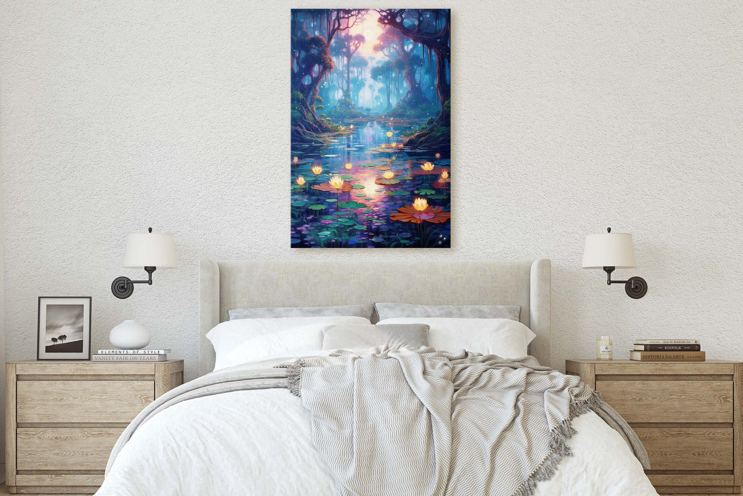 Enchanted Pond, Lamps Night Art, Lantern Forest, Vertical Canvas, Fantasy Decor, Office Art, River Art, Lily Pond, Floating Flower