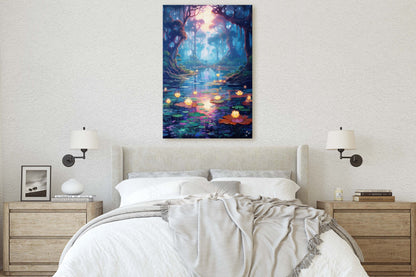 Enchanted Pond, Lamps Night Art, Lantern Forest, Vertical Canvas, Fantasy Decor, Office Art, River Art, Lily Pond, Floating Flower