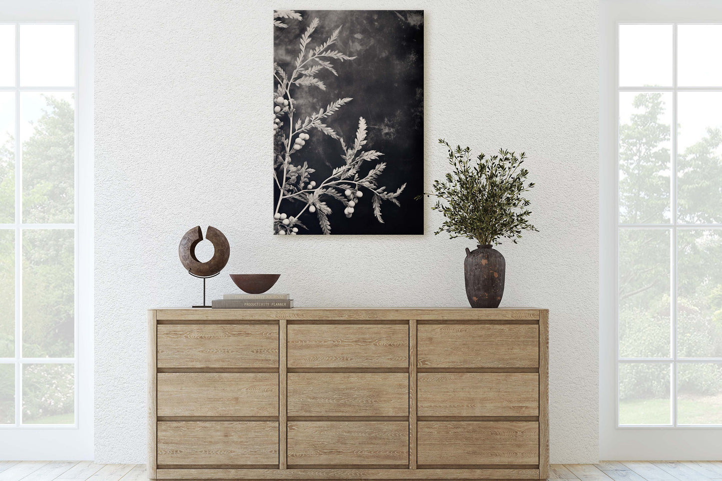 Botanical Print, Black and White, Minimalist Painting, Farmhouse Decor, Floral Wall Art, Framed Canvas, Wildflower Art