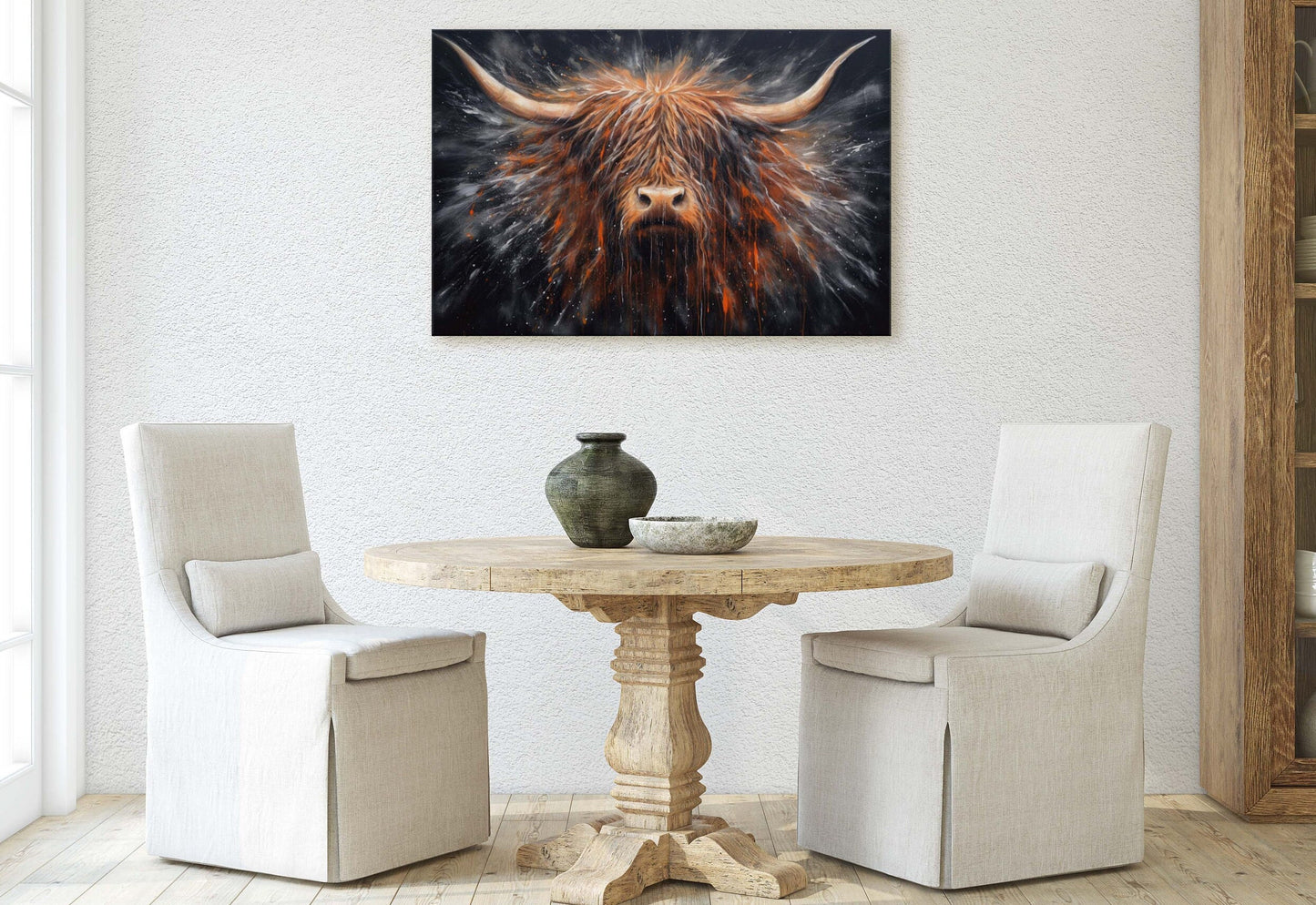 Highland Cow, Scottish Cow, Scotland Cattle, Long-haired cow, Rustic Farmhouse, Farm Animal, Barn Decor, Canvas Art Print, Abstract Painting