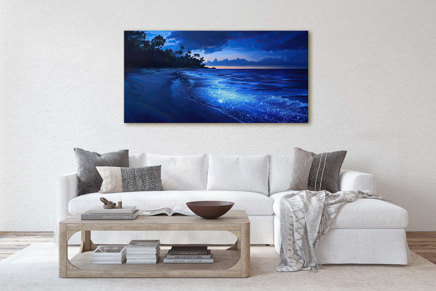 Starry Beach, Night Beach Art, Coast Painting, Blue Glow