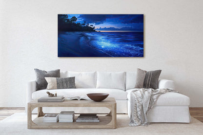 Starry Beach, Night Beach Art, Coast Painting, Blue Glow