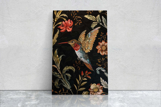 Hummingbird, William Morris Inspired, Floral Art, Botanical Decor, Framed Canvas, Dark Print, Cottagecore, Extra Large Print, Bird Decor