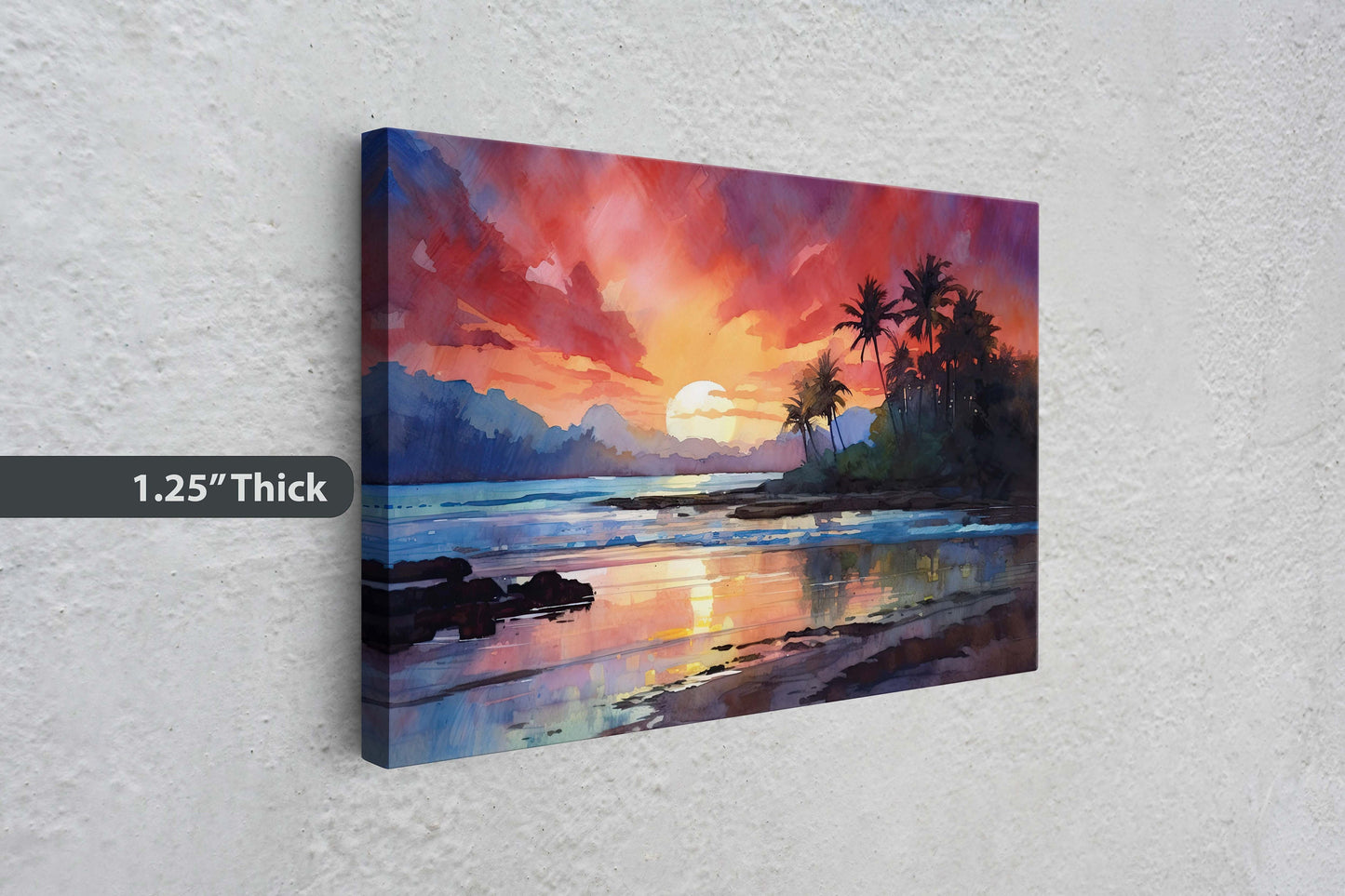 Dusk Beach on Canvas, Sunset Ocean, Sunrise Oceanside, Watercolor, Framed Canvas, Palm Trees, Subdued Art, Tropical Paradise