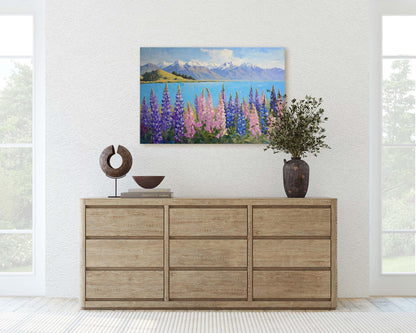 Lake Tekapo Painting, New Zealand Art, Landscape Painting, Wildflower Lake