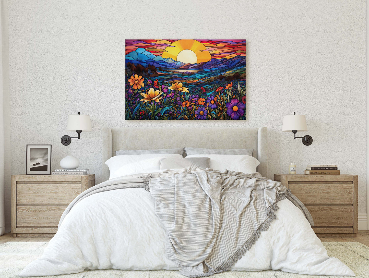 Stained Glass Painting, Blue Mountains, Faux Stained Glass, Sunset Flowers, Sunrise Field, Mountain Landscape, Framed Canvas, Vivid Colorful