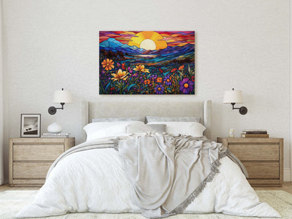 Stained Glass Painting, Blue Mountains, Faux Stained Glass, Sunset Flowers, Sunrise Field, Mountain Landscape, Framed Canvas, Vivid Colorful