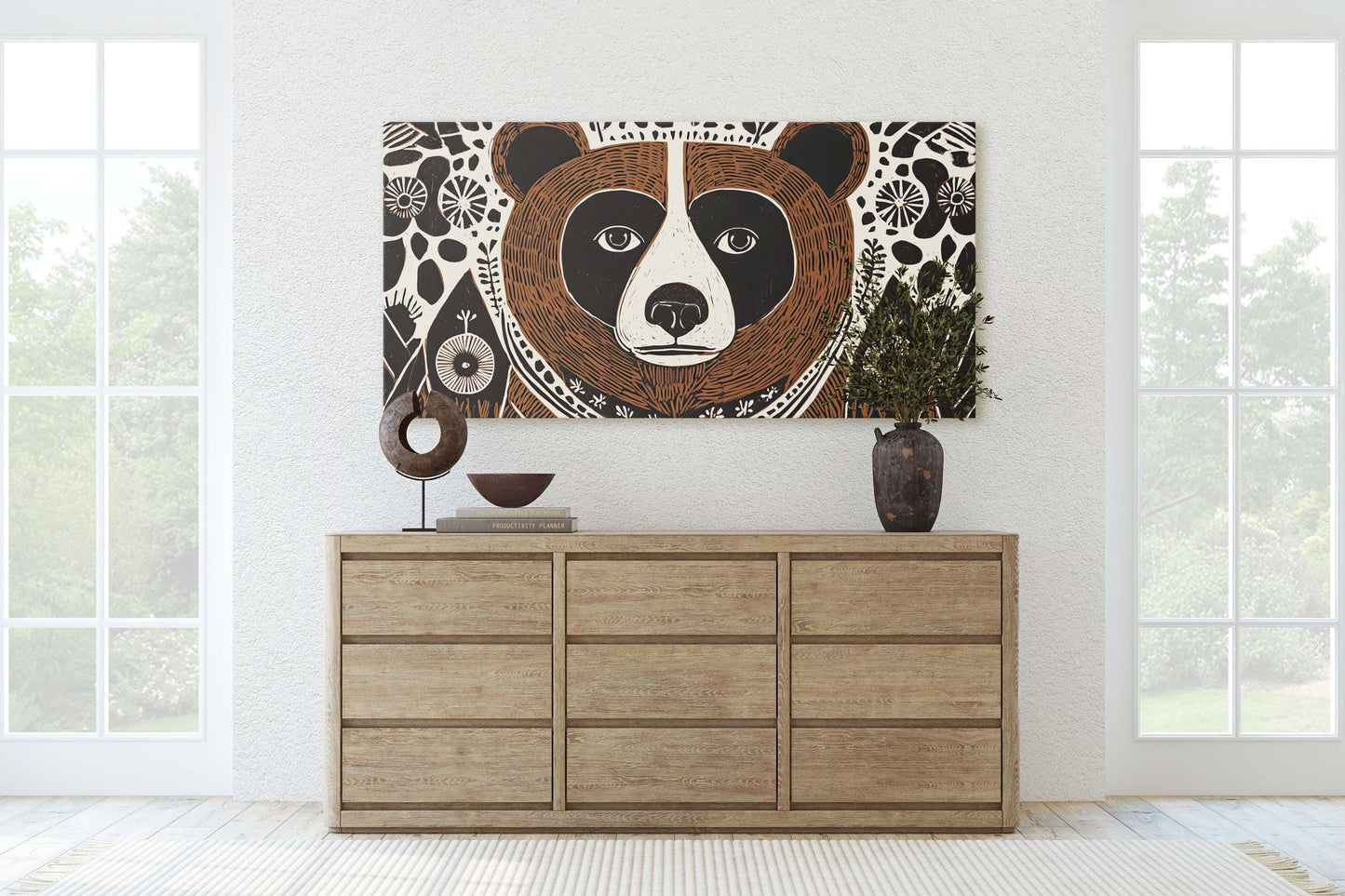 Bear Folk Art, Scandinavian Print, Large Canvas, Linocut Print