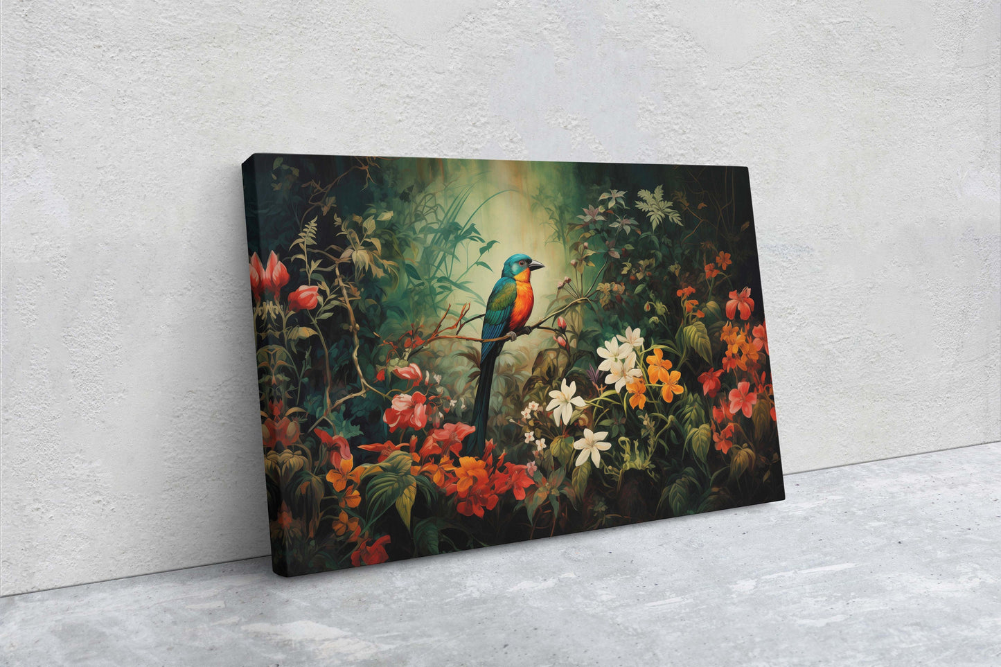 Jungle Bird Painting, Jungle Art, Green Jungle, Framed Canvas, Large Print, Beautiful Bird, Flower Jungle, Tropical Forest, Rainforest Art