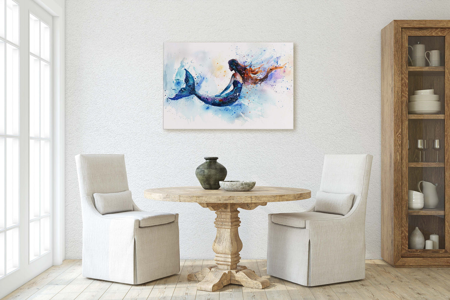 Watercolor Mermaid, Fantasy Creature, Ocean Art, White and Blue, Bathroom Decor, Framed Canvas, Large Art Print, Mystical, Impressionism