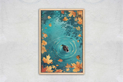 Mallard Duck Fall, Duck in Lake, Framed Canvas, Fall Season, Large Art print, Vertical Print, Leaves in Lake, Tranquil Decor