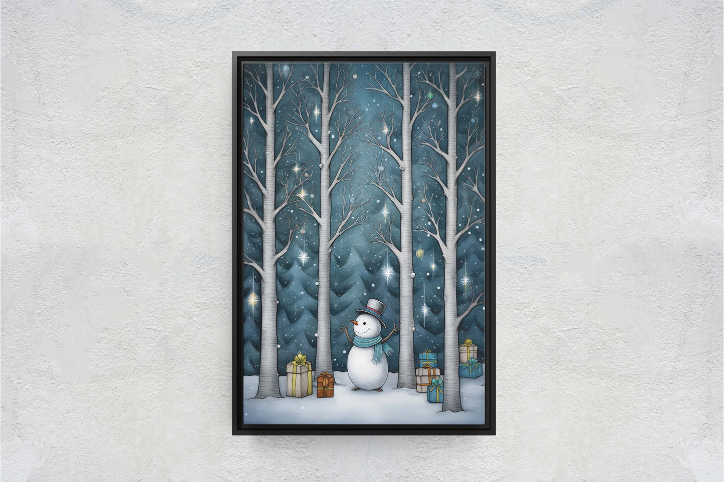 Snowman Presents Forest, Illustration Style, Snowy Forest, Snow Presents, Framed Canvas, Christmas Decor, Large Print, Winter Decor