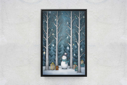 Snowman Presents Forest, Illustration Style, Snowy Forest, Snow Presents, Framed Canvas, Christmas Decor, Large Print, Winter Decor