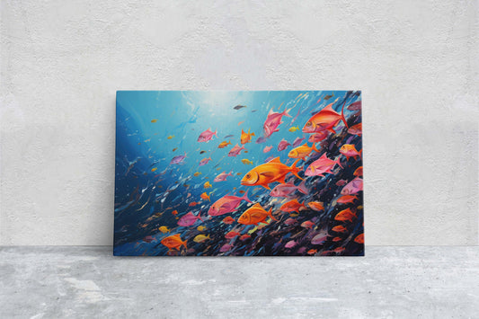 Fish School Painting, Canvas Wall Art, Abstract Blue Sea Painting, Boho Wall Décor, Custom Painting, Home Decor,Large Original,Framed Canvas