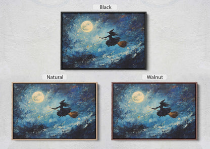 Flying Witch, Witch on Broomstick, Whimsical Decor, Full Moon,Halloween Art, Star Sky, Cloudy