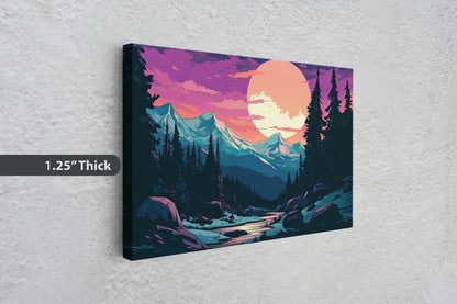 Mountain and Moon on Canvas, Nightfall Mountains, Midnight Landscape, Vibrant Color, Bold Design, Colorado Mountain, Illustration Outdoors