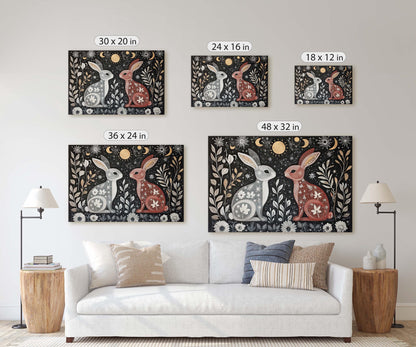 Rabbit Folk Art, Celestial Art, Bunny Art, Nature print, Canvas print
