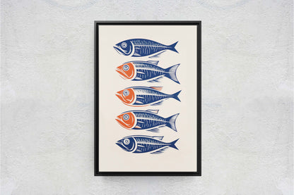 Sardines on Canvas, Modern Scandinavian, Danish Style, Fish Wall Art, Abstract, Framed Canvas, Kitchen Decor, Dining Room, Pop Art