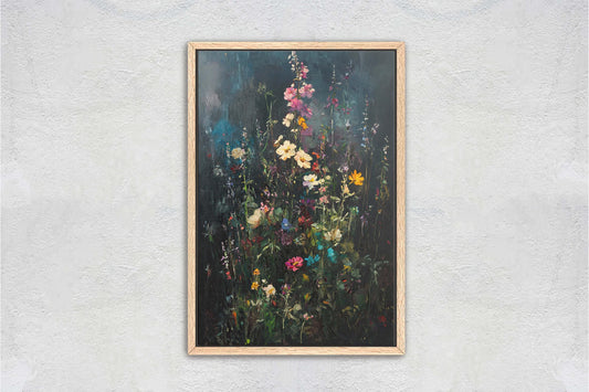 Dark Wildflowers, Black Canvas, Floral Print, Flower Decor