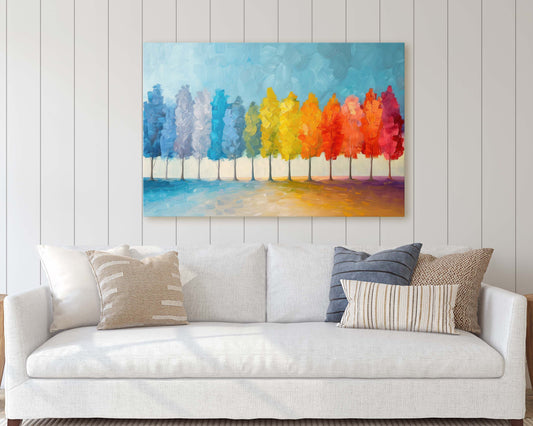 Pastel Trees, Seasons Painting, Rainbow Tree, Spring Summer, Fall Winter, Blue Tones, Colorful Vivid, Framed Canvas, Large Art Print