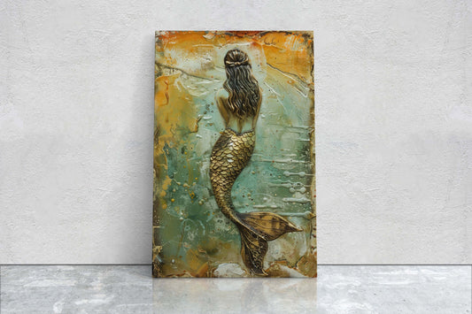 Rustic Mermaid, Faux metal art, Mythical Creature, Ocean Decor, Framed Canvas, Large Art print, Fantasy Painting