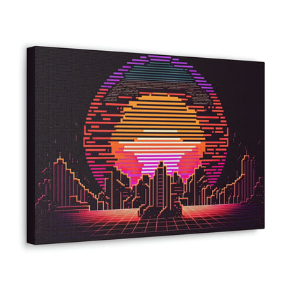 Pixel Art Sunset City Canvas Art Ready To Hang Large Print, Man Cave, Video Game, Retro, Synthwave