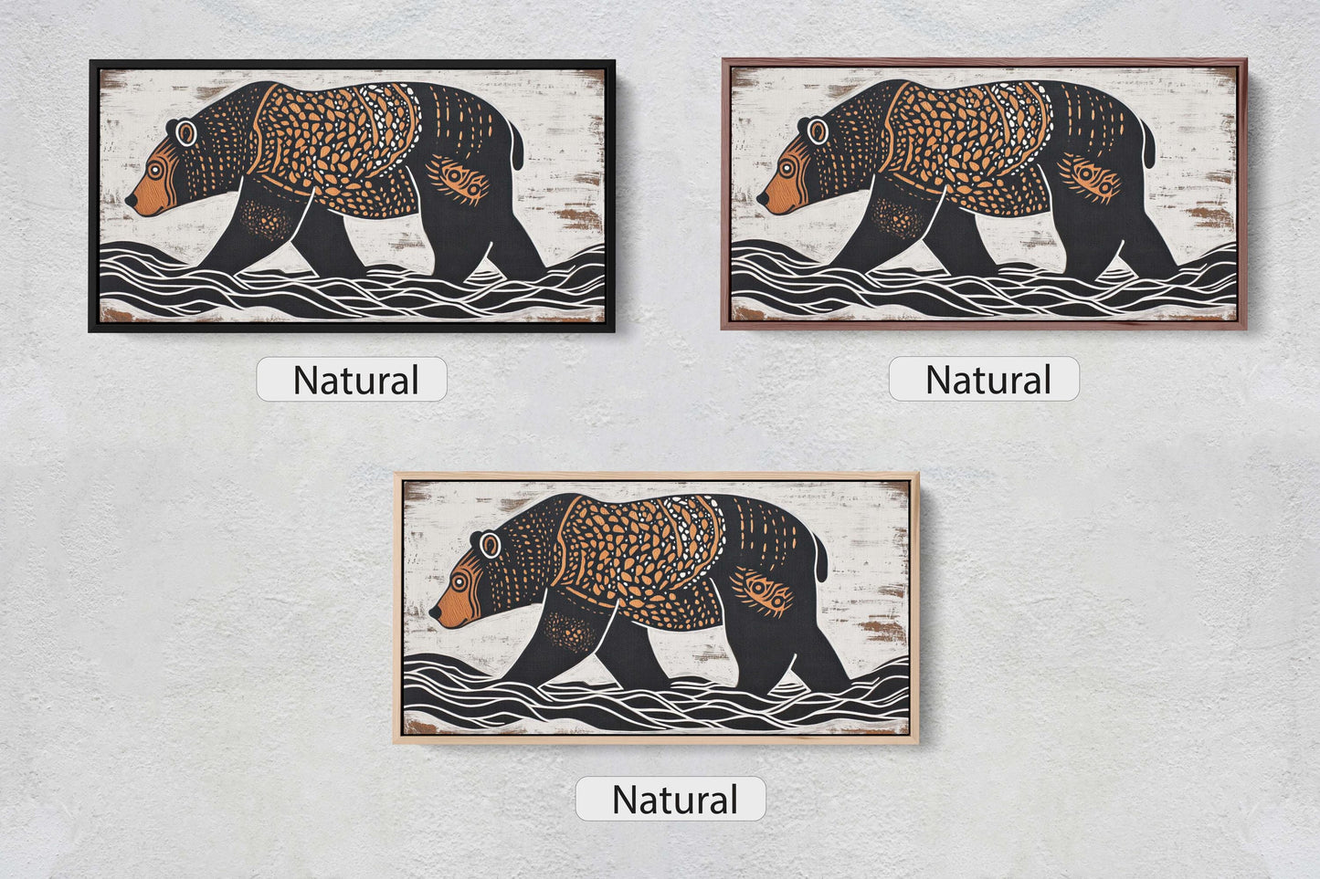 Bear Folk Art, Scandinavian Folk Art, Linocut Print, Wide Art, Large Art Print