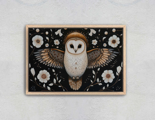 Folk Owl Art, Barn Owl, Celestial Art, Cottagecore, Framed Canvas, Dark Print Nature Print