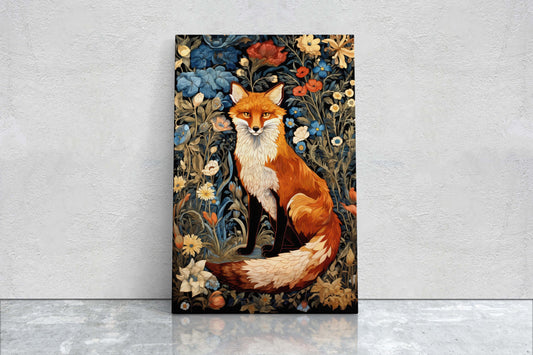 William Morris Fox, Inspired William Morris, Framed Canvas, Extra Large Print, Cottagecore, Forest Botanical, Floral Art,Art Nouveau Print