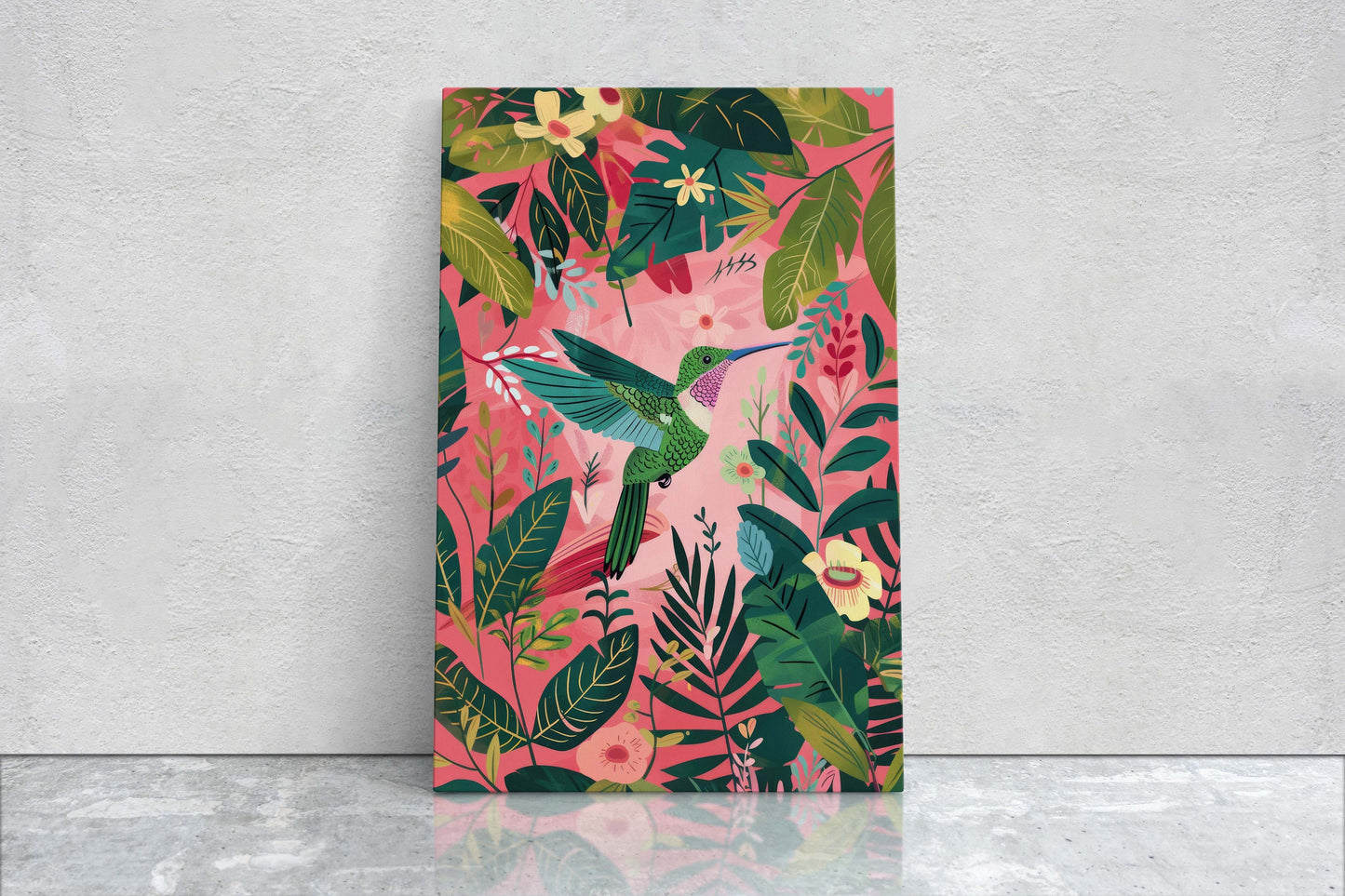 Hummingbird Pink, Framed Canvas, Tropical Art, Maximalist Jungle, Botanical Print, Bold Eclectic, Pink Art