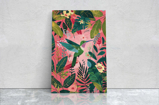 Hummingbird Pink, Framed Canvas, Tropical Art, Maximalist Jungle, Botanical Print, Bold Eclectic, Pink Art