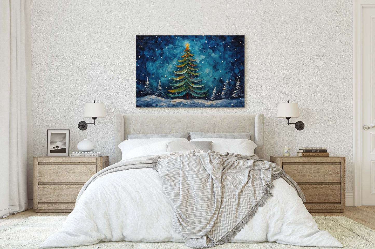 Starry Christmas Tree, Starry Night, Christmas Painting, Xmas Decor, Framed Canvas, Large Painting, Festive Print, Winter Art
