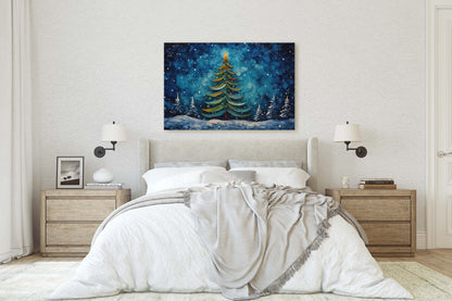 Starry Christmas Tree, Starry Night, Christmas Painting, Xmas Decor, Framed Canvas, Large Painting, Festive Print, Winter Art