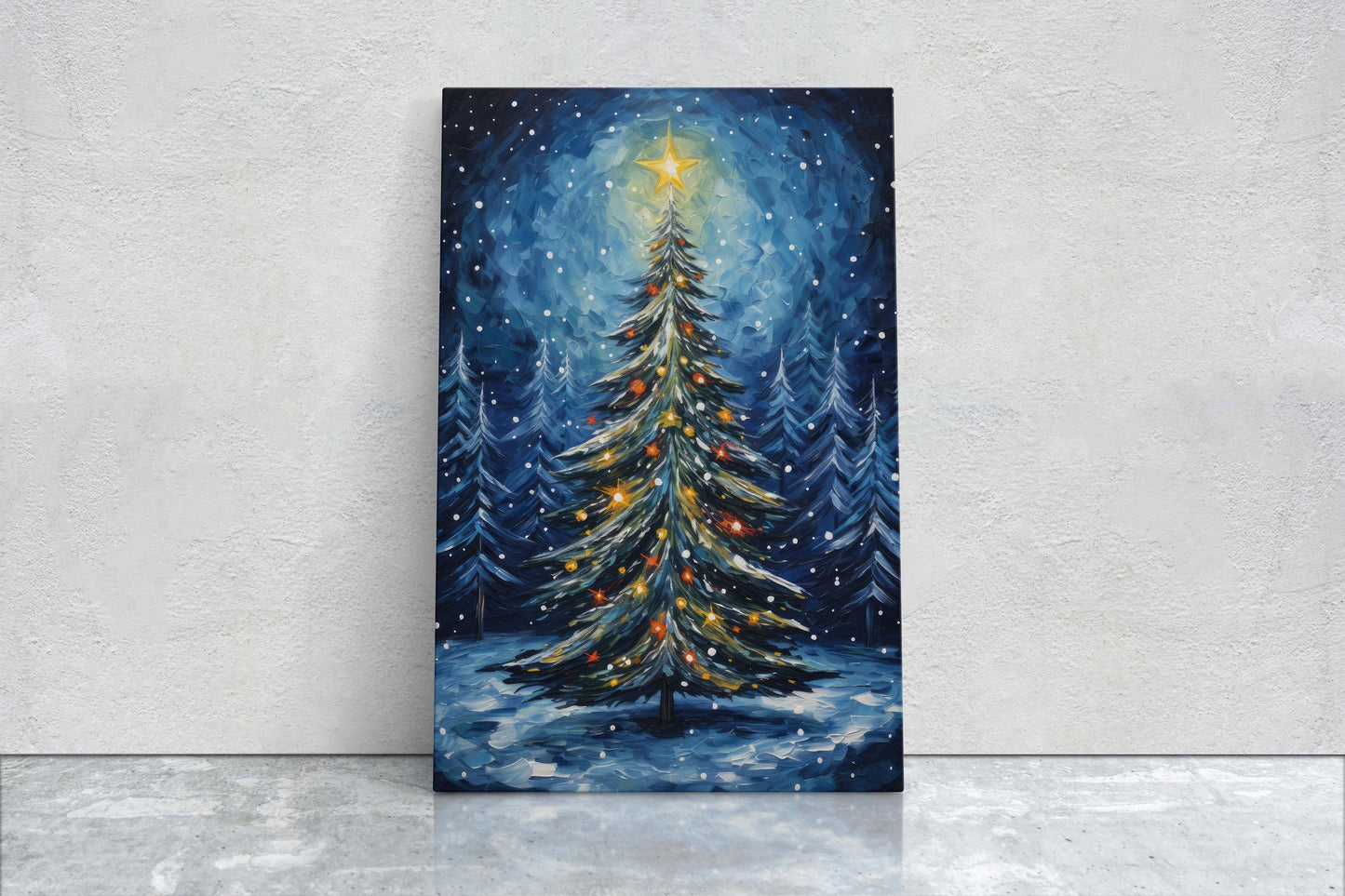 Starry Christmas Tree, Starry Night, Christmas Painting, Xmas Decor, Framed Canvas, Large Painting, Festive Print, Winter Art