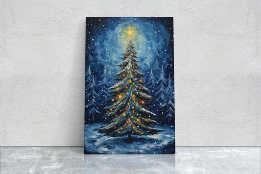 Starry Christmas Tree, Starry Night, Christmas Painting, Xmas Decor, Framed Canvas, Large Painting, Festive Print, Winter Art
