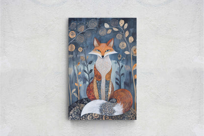 Scandinavian Fox, Folk Art, Celestial Art,  Framed Canvas, Dark Print, Nature Print, Whimsical