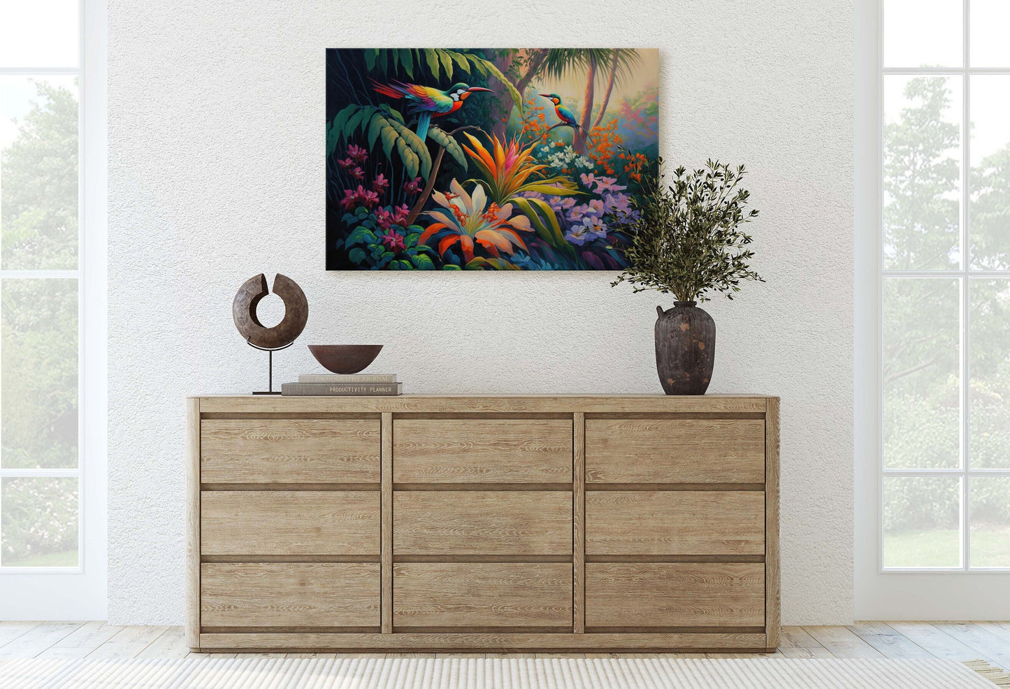 Jungle Birds of Passion Flowers Art Ready To Hang Large Print, Oil Painting, Landscape, Natural Beauty, Colorful