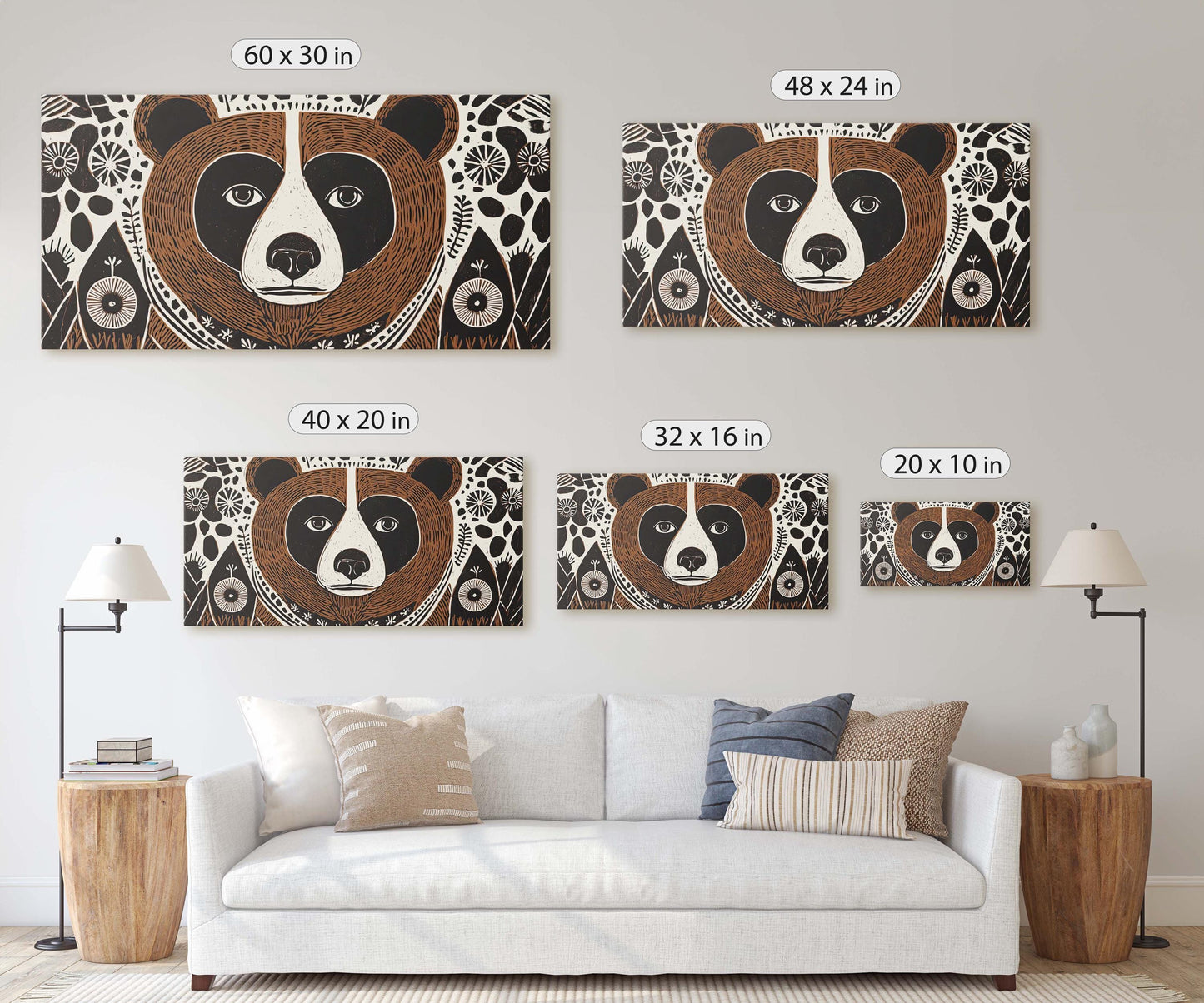 Bear Folk Art, Scandinavian Print, Large Canvas, Linocut Print
