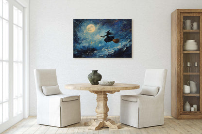 Flying Witch, Witch on Broomstick, Whimsical Decor, Full Moon,Halloween Art, Star Sky, Cloudy