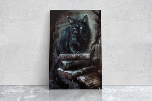 Arcania Black Cat, Dark Academia, Magic Library, Framed Canvas, Halloween Decor, Creepy Decor, Spooky Art