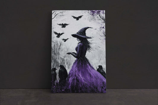Witch Ravens, Purple Dress, Gothic Halloween, Dark Academia, Victorian Art, Witchy Art,  Dark Arts, Vintage Decor