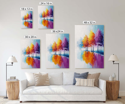 Trees By Lake, Colorful Foliage, Rainbow Trees, Pastel Colors, Blue White, Orange Purple, Framed Canvas, Large Art print