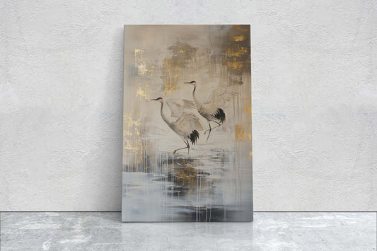 Gold Japanese Cranes, Gold and Beige, Minimalist Art, Heron Decor, Framed Canvas, Japandi Print, Extra Large, Neutral Tones