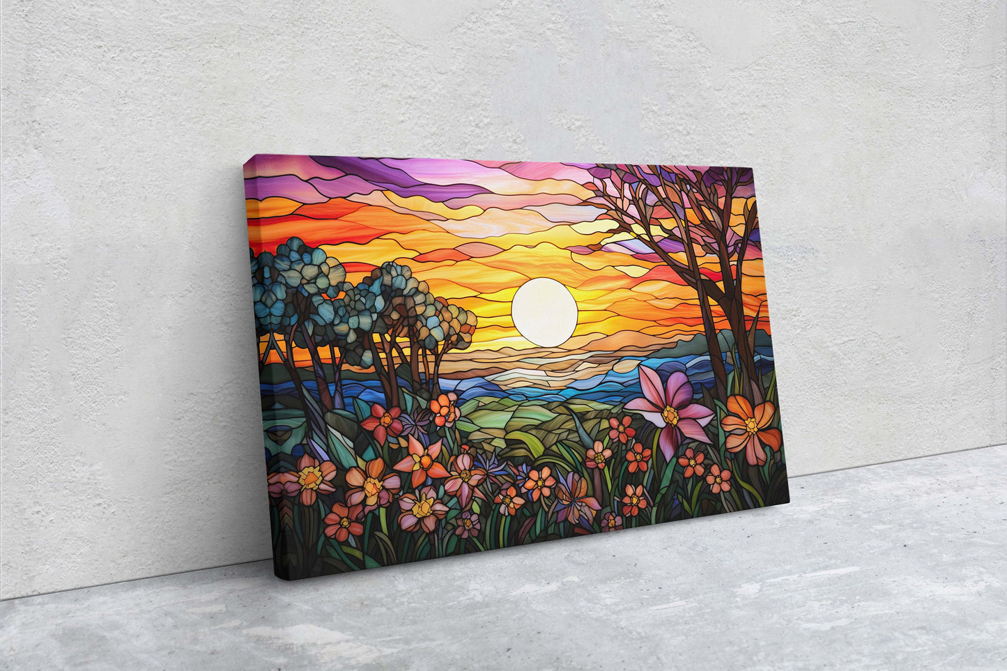 Stained Glass Painting, Faux Stained Glass, Sunset Flowers, Sunrise Field, Mountain Landscape, Framed Canvas, Vivid Colorful