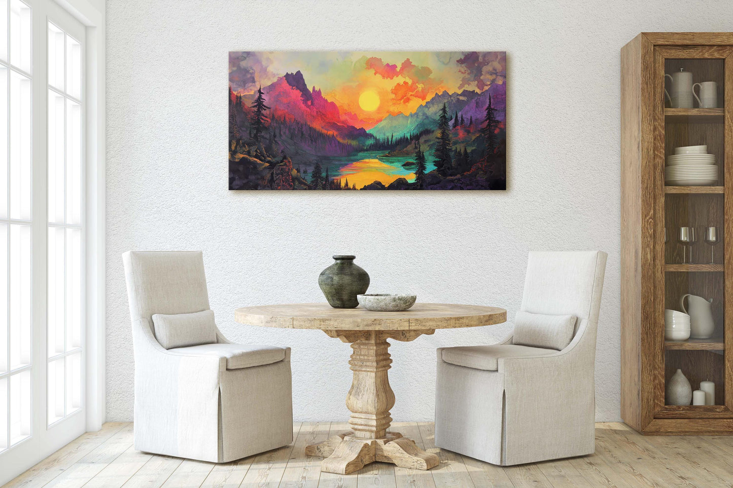 Colorful Mountain Sunrise on Canvas, Smoky Forest, Foggy Mountains, Vibrant Color, Abstract Art