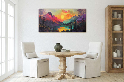 Colorful Mountain Sunrise on Canvas, Smoky Forest, Foggy Mountains, Vibrant Color, Abstract Art