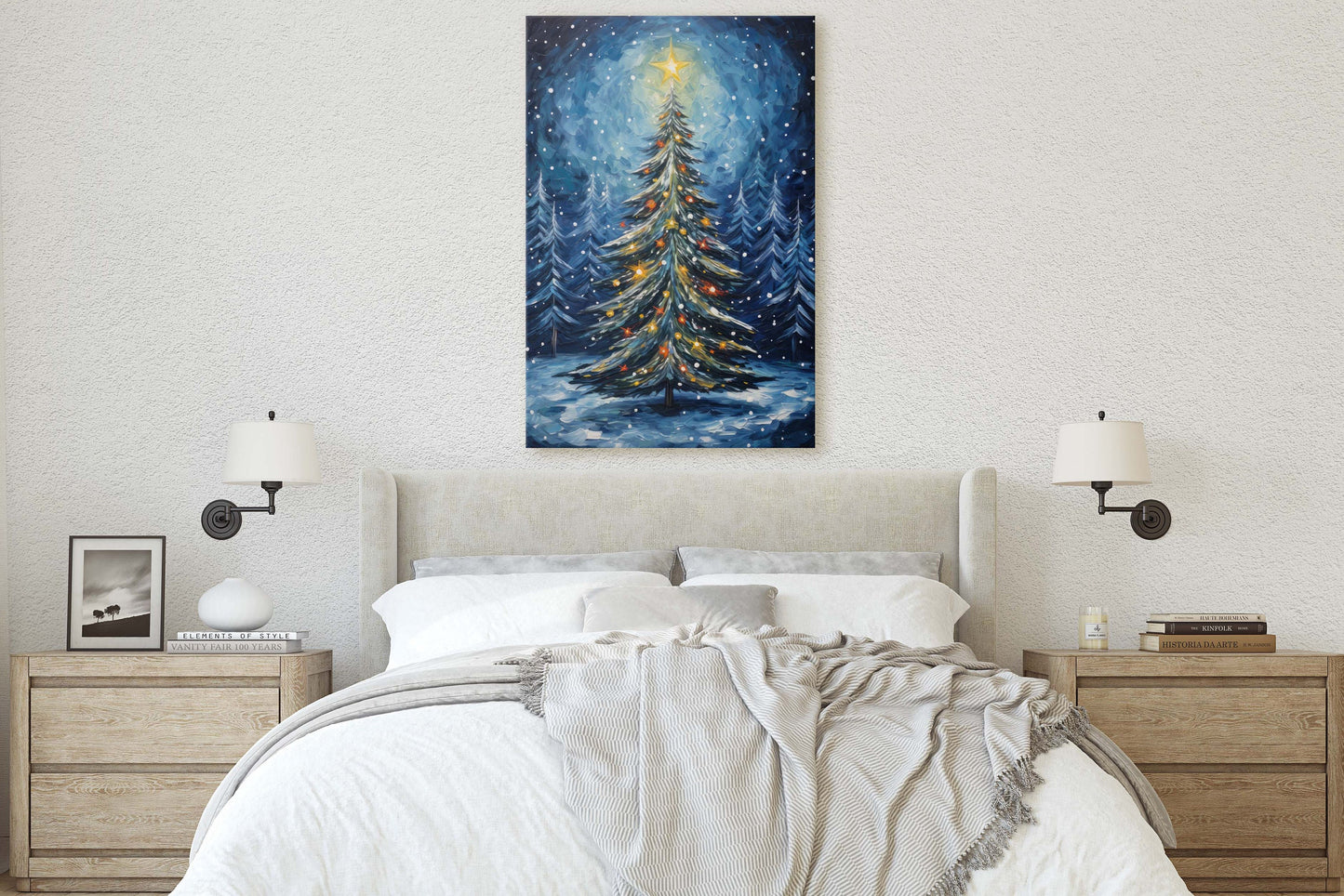 Starry Christmas Tree, Starry Night, Christmas Painting, Xmas Decor, Framed Canvas, Large Painting, Festive Print, Winter Art