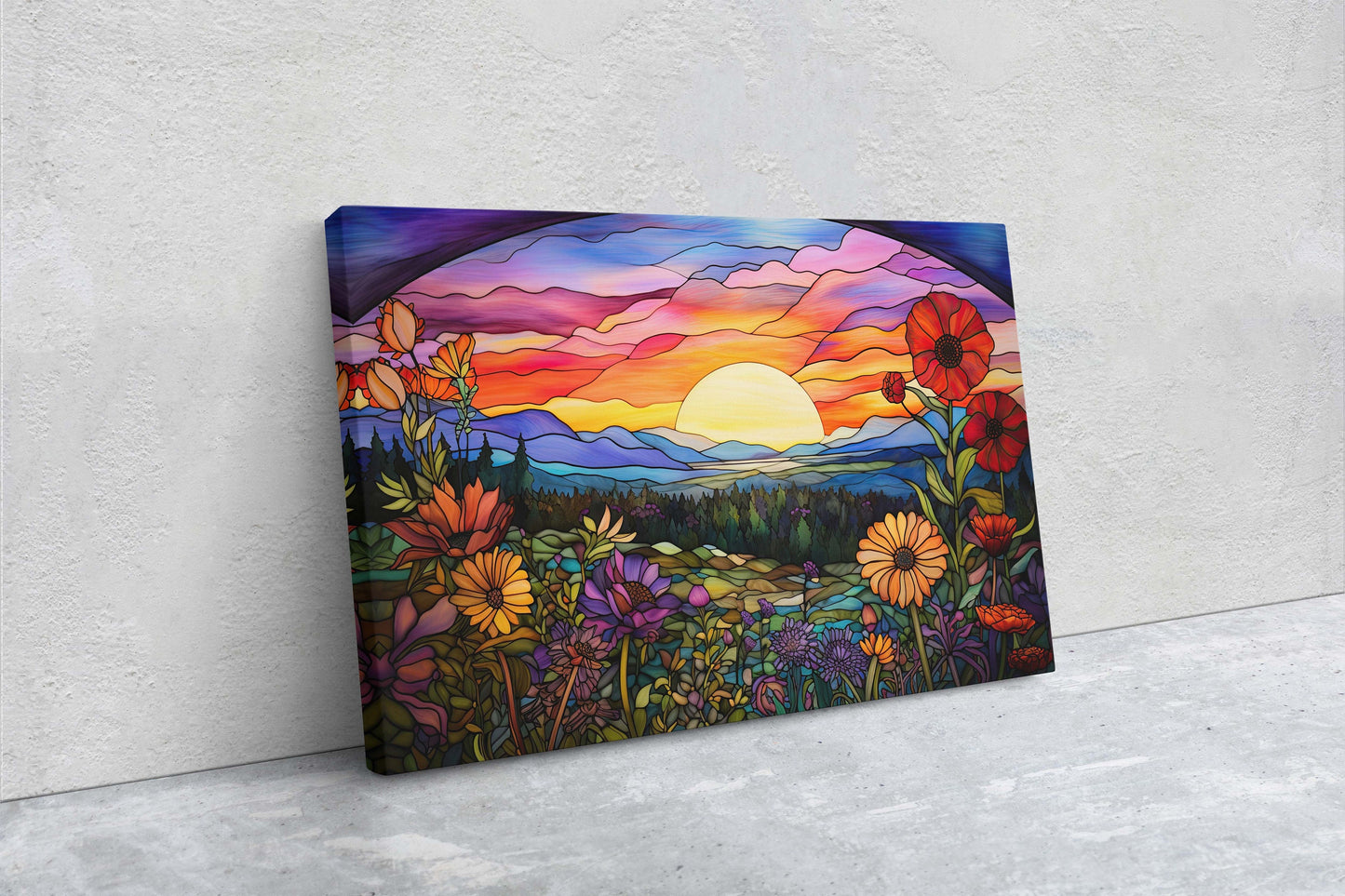 Sunset Painting, Faux Stained Glass, Colorful Vibrant, Sunrise Art, Flower Field. Mountain Decor, Framed Canvas