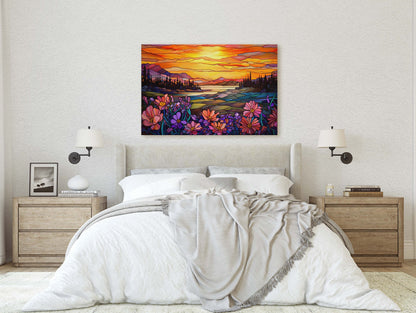 Stained Glass Painting, Faux Stained Glass, Sunset Flowers, Sunrise Field, Mountain Landscape, Framed Canvas, Vivid Colorful